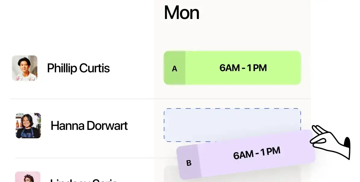 Online drag and drop scheduling interface showing staff being assigned to shifts