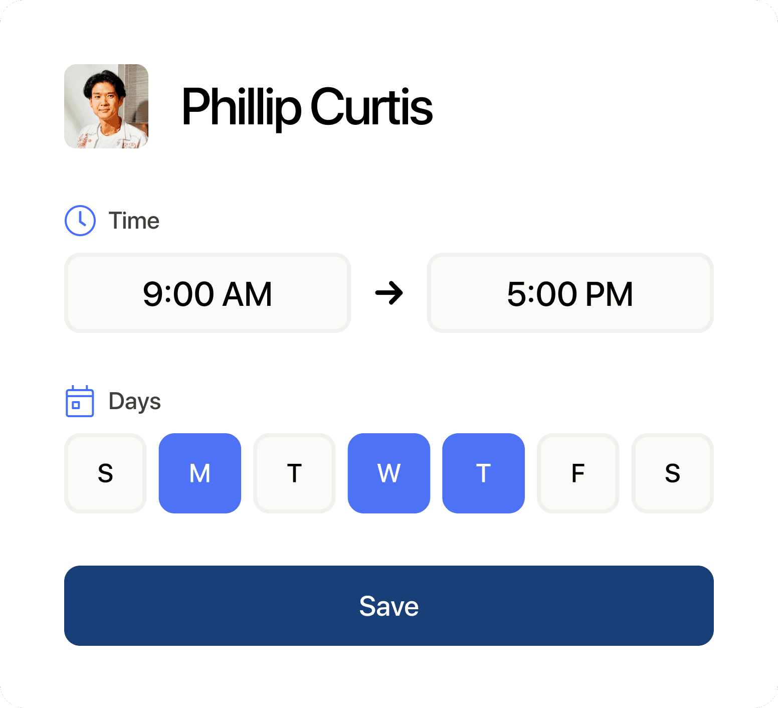 7shifts employee scheduling screen, showing employee name and photo, shift times and days