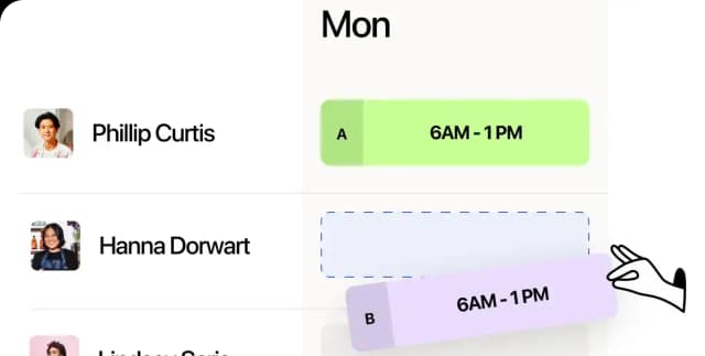 Online drag and drop scheduling interface showing staff being assigned to shifts
