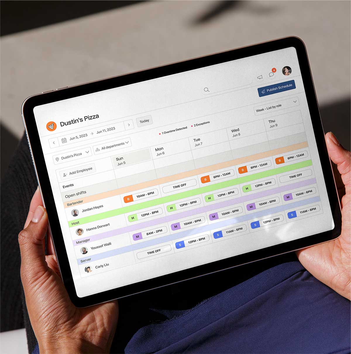 Ipad showing Dustin's Pizza schedule