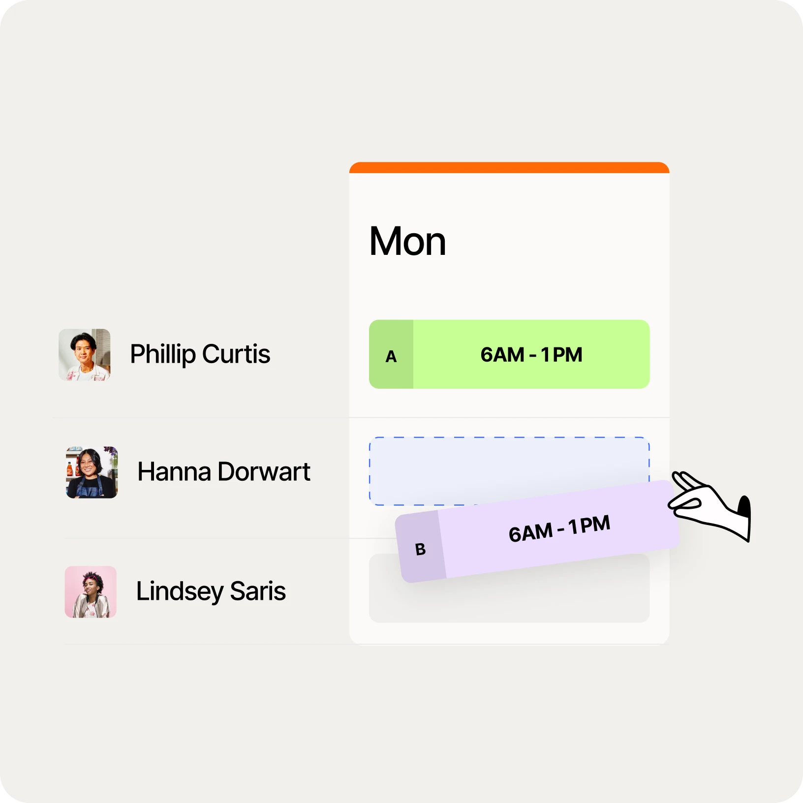 Weekly schedule grid showing shifts being dragged between team members