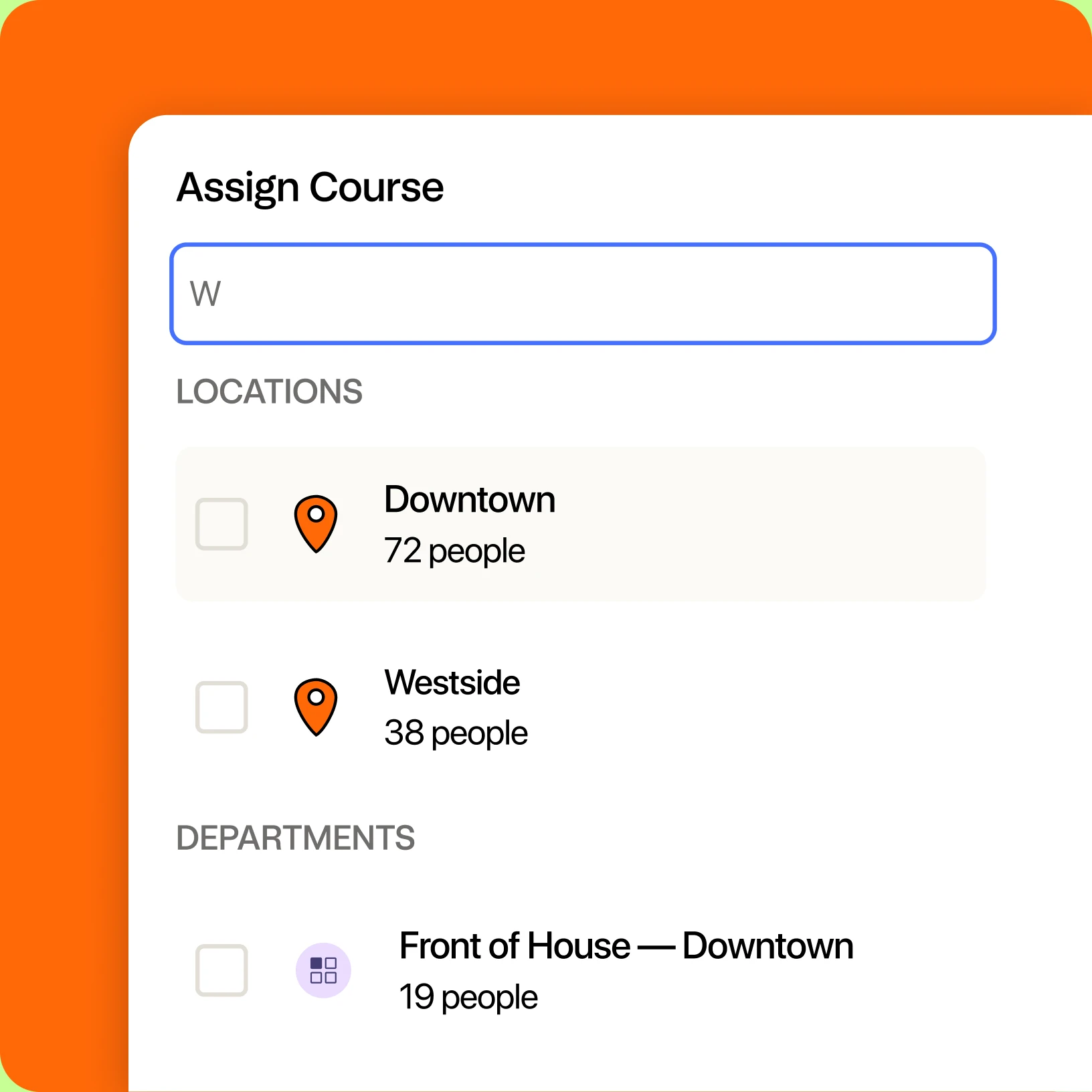Assign Course panel listing locations and departments to assign training to