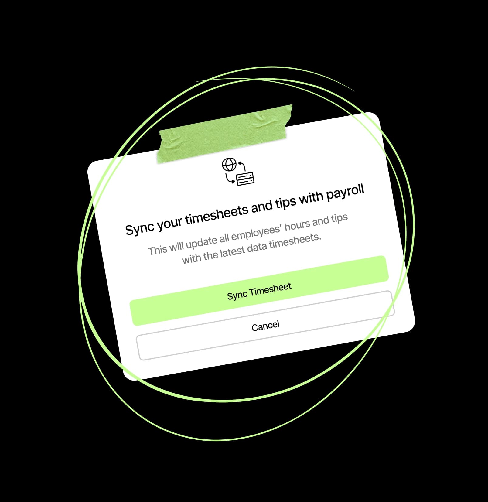 The 7shifts app prompting to sync timesheets and tips with payroll