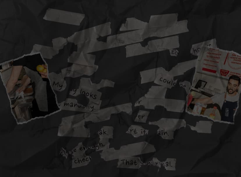 Torn scraps of handwritten notes and restaurant photos taped to a dark, crumpled paper background