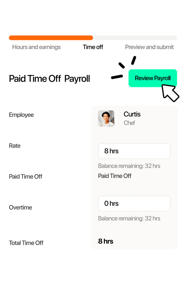 7shifts payroll review screen with a Review Payroll button