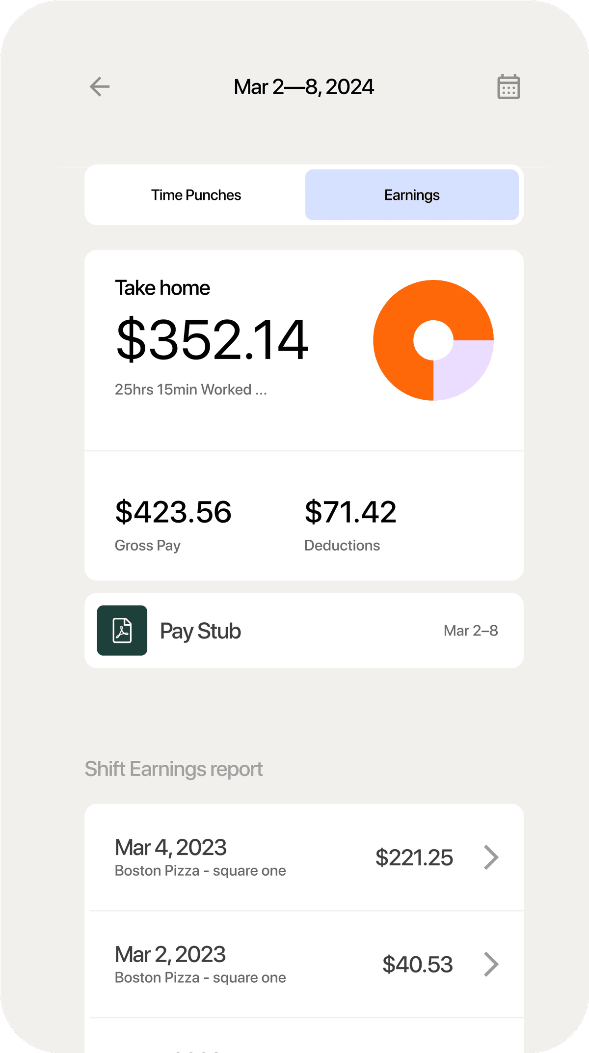 7shifts mobile app showing take-home pay, gross pay and a downloadable pay stub