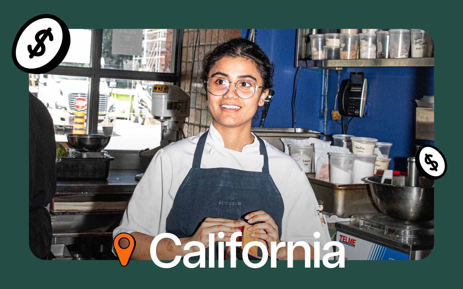 Female restaurant employee in kitchen framed with green border, money icons, and California title