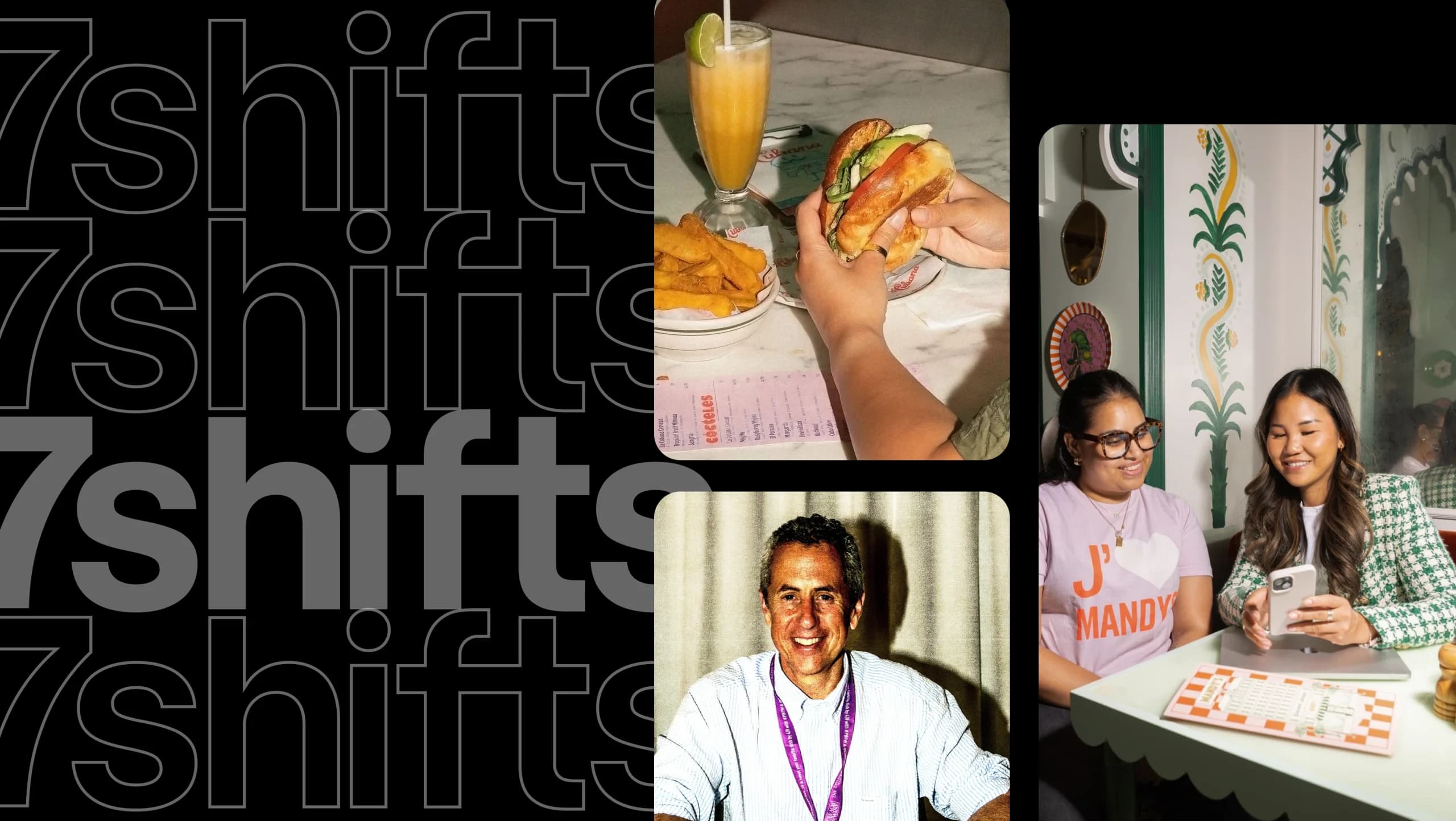 7shifts logos with photos of restaurant food, restaurant employees, and Danny Meyer on black background
