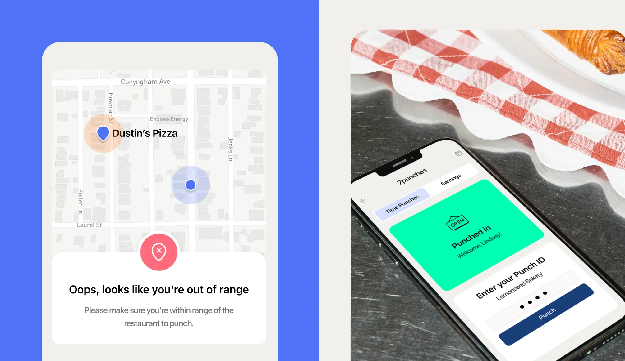 Time clocking software 7shifts open on a mobile phone on restaurant counter
