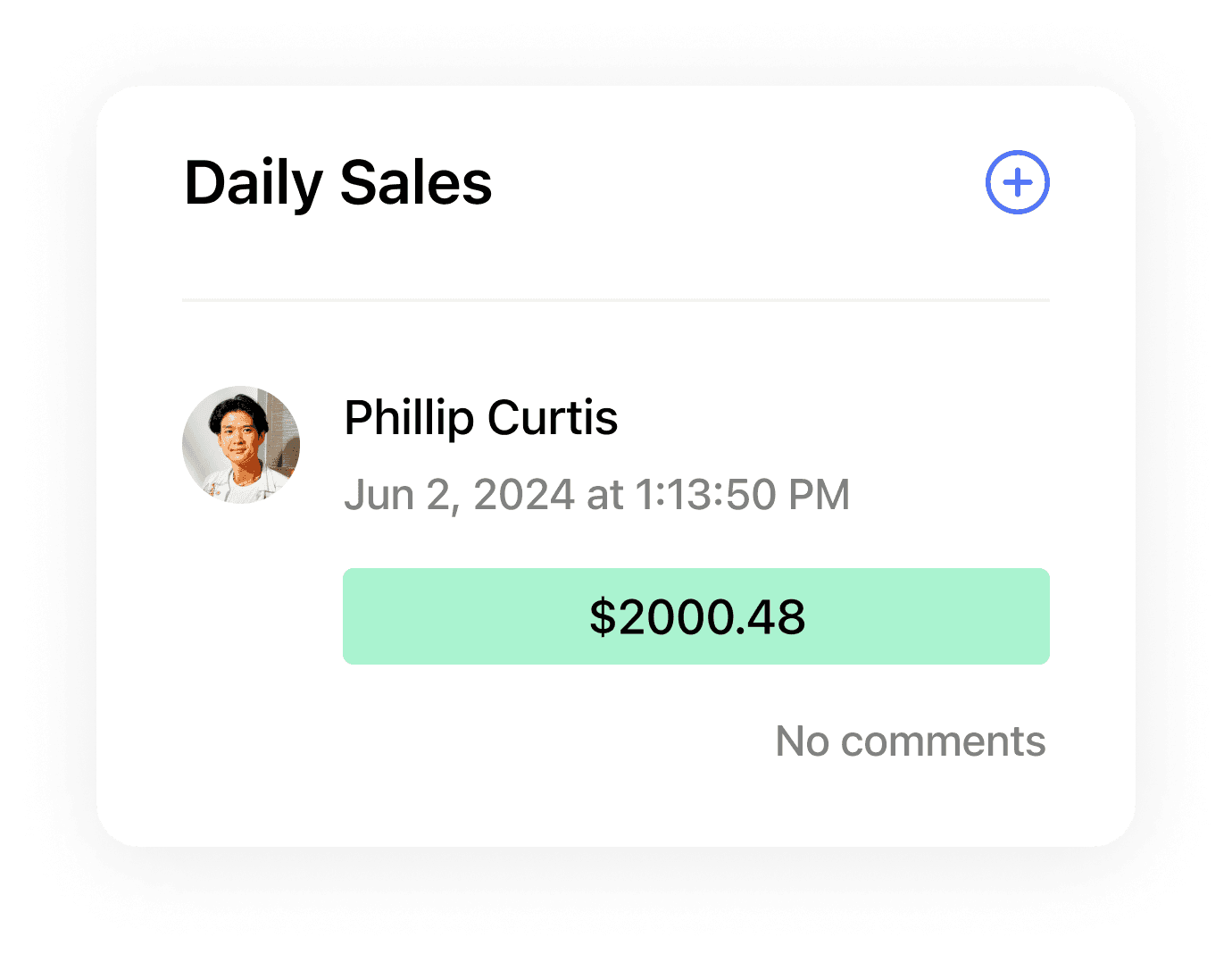 Daily sales record with amount and timestamp