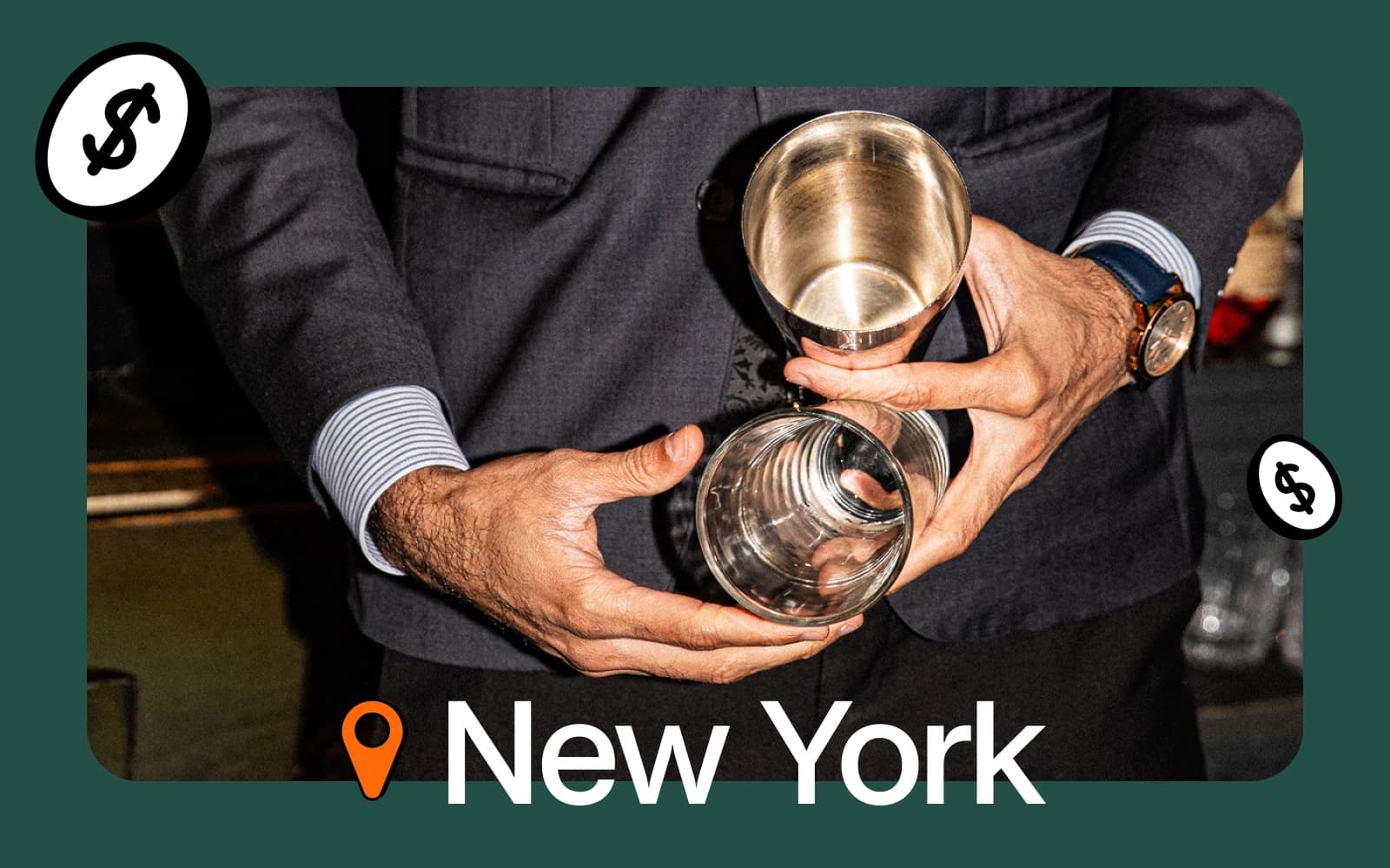 Person holding two shot glasses framed with New York title and money icons
