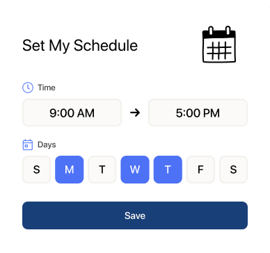 Scheduling interface with time and days selection.