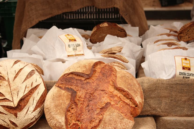 Artisan bread loaves displayed at bakery