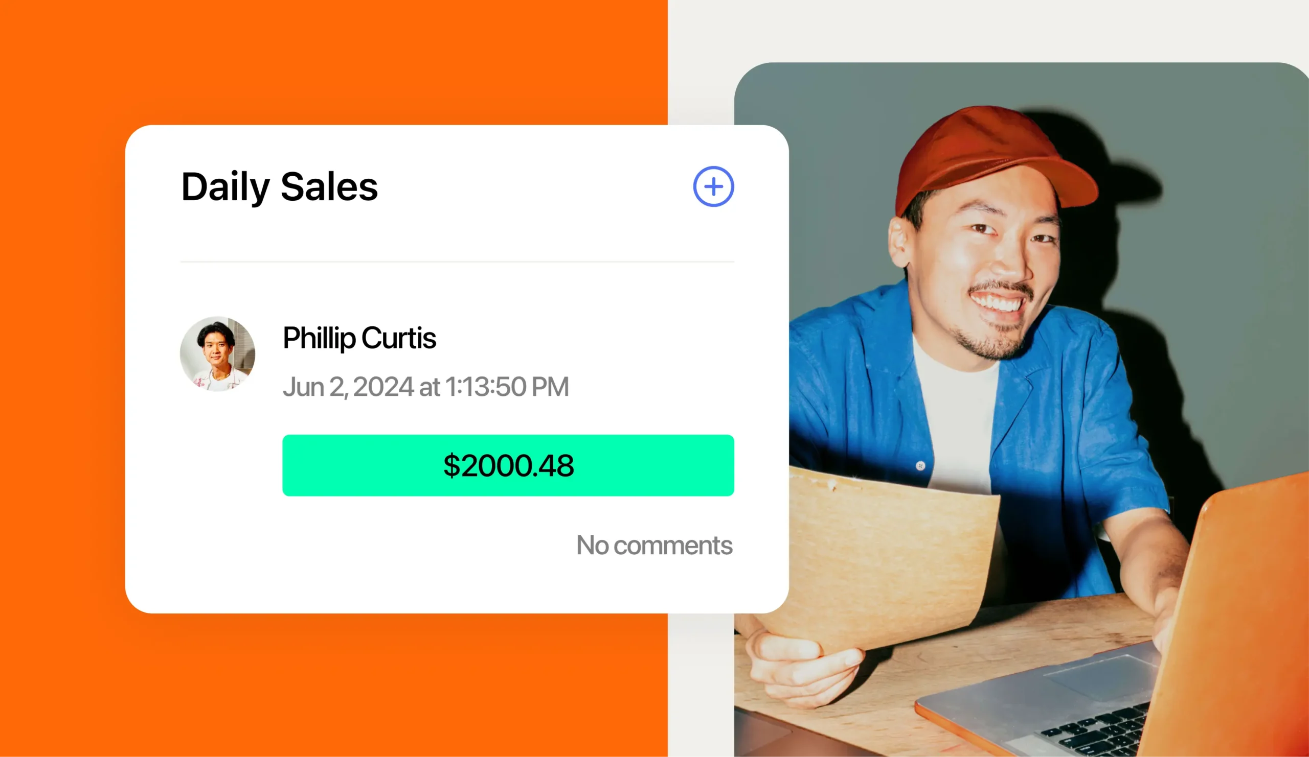 Man doing calculations and smiling with left hand sales summary product module on left