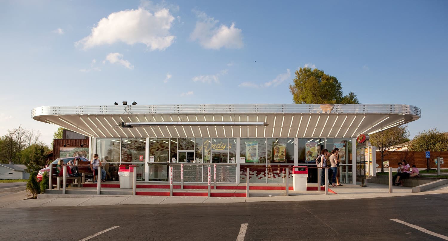 Modern retro-style diner with outdoor seating.