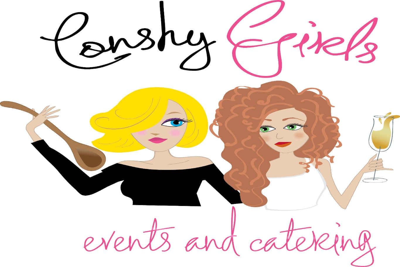 Cartoon women with spoon and drink, catering logo.