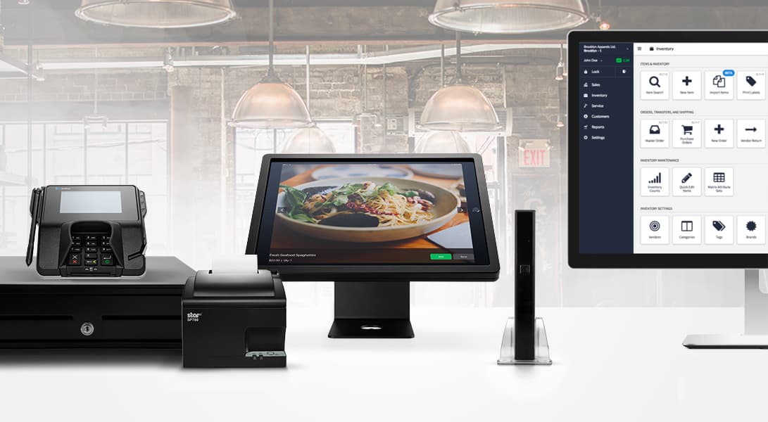 Restaurant point of sale system with screens and devices.
