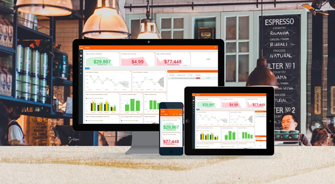 Digital sales dashboard on multiple devices in cafe.