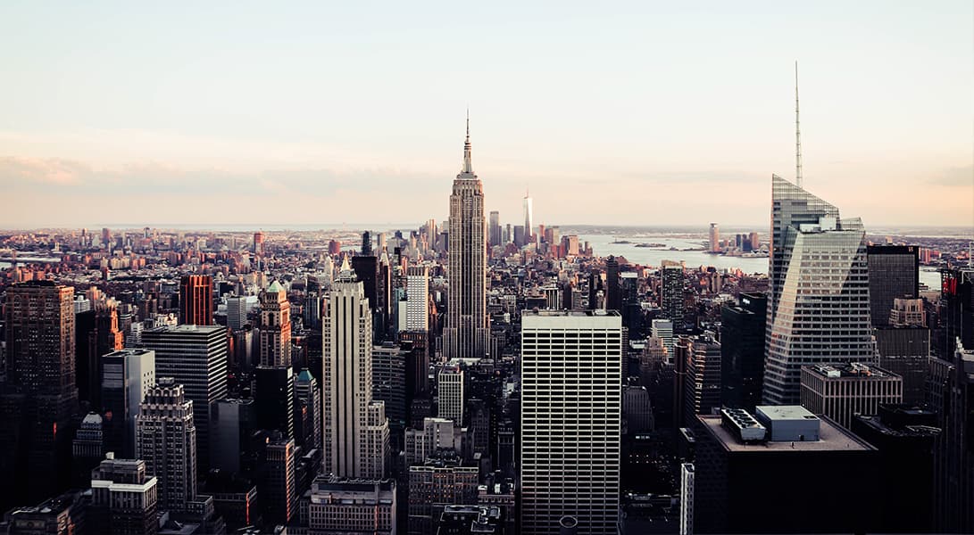New York City skyline view at sunset