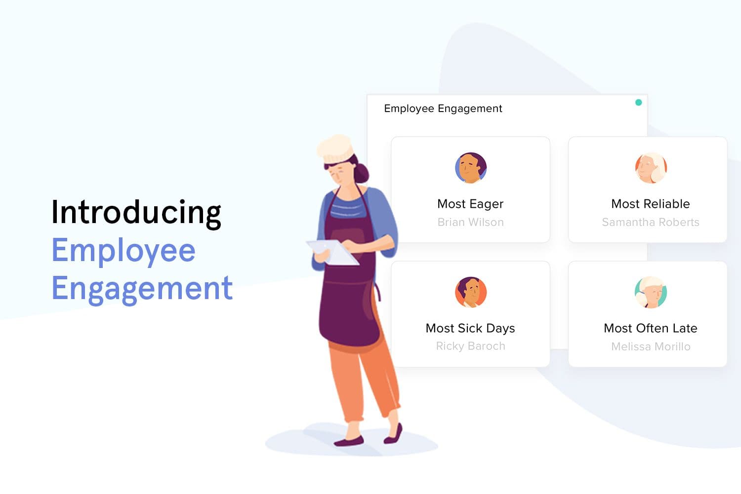 Introducing employee engagement with illustrated worker and awards.