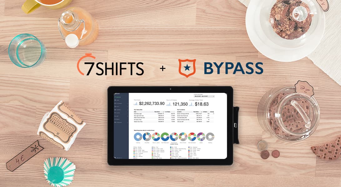 7shifts and Bypass logos on tablet screen.