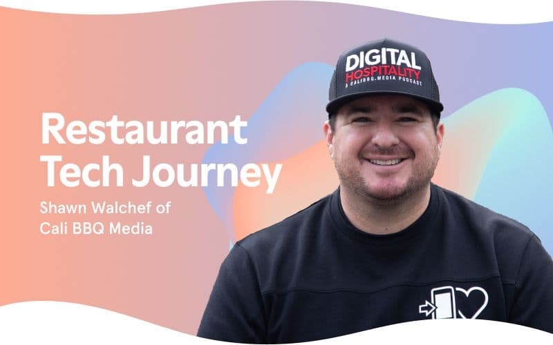 Smiling man promoting restaurant technology journey podcast.