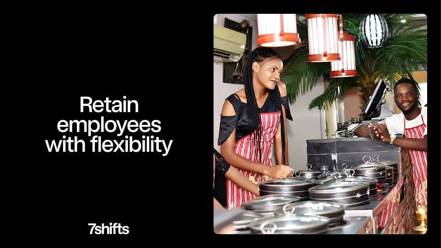 Employees smiling at restaurant counter with text overlay.