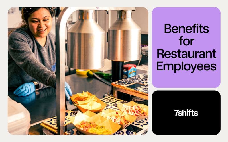 Smiling restaurant employee serving food, promoting benefits.
