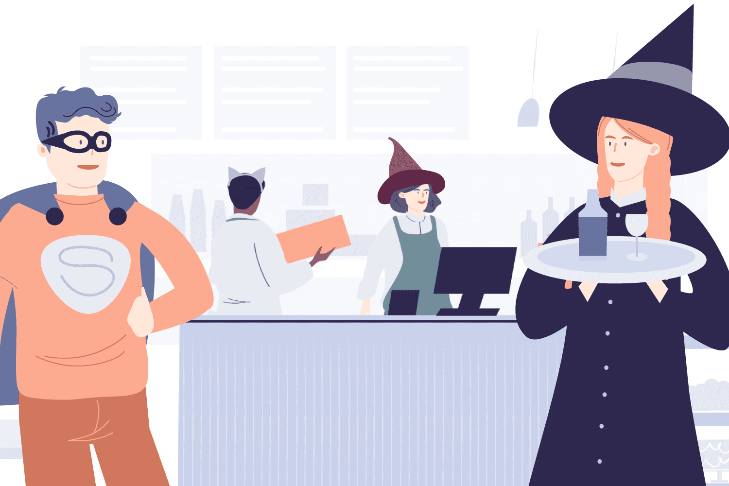 Cafe with people in Halloween costumes