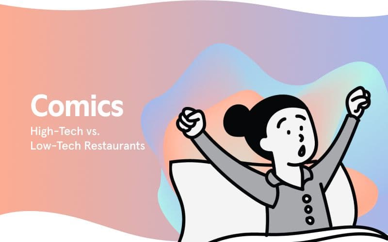 Comic illustration: high-tech vs low-tech dining.