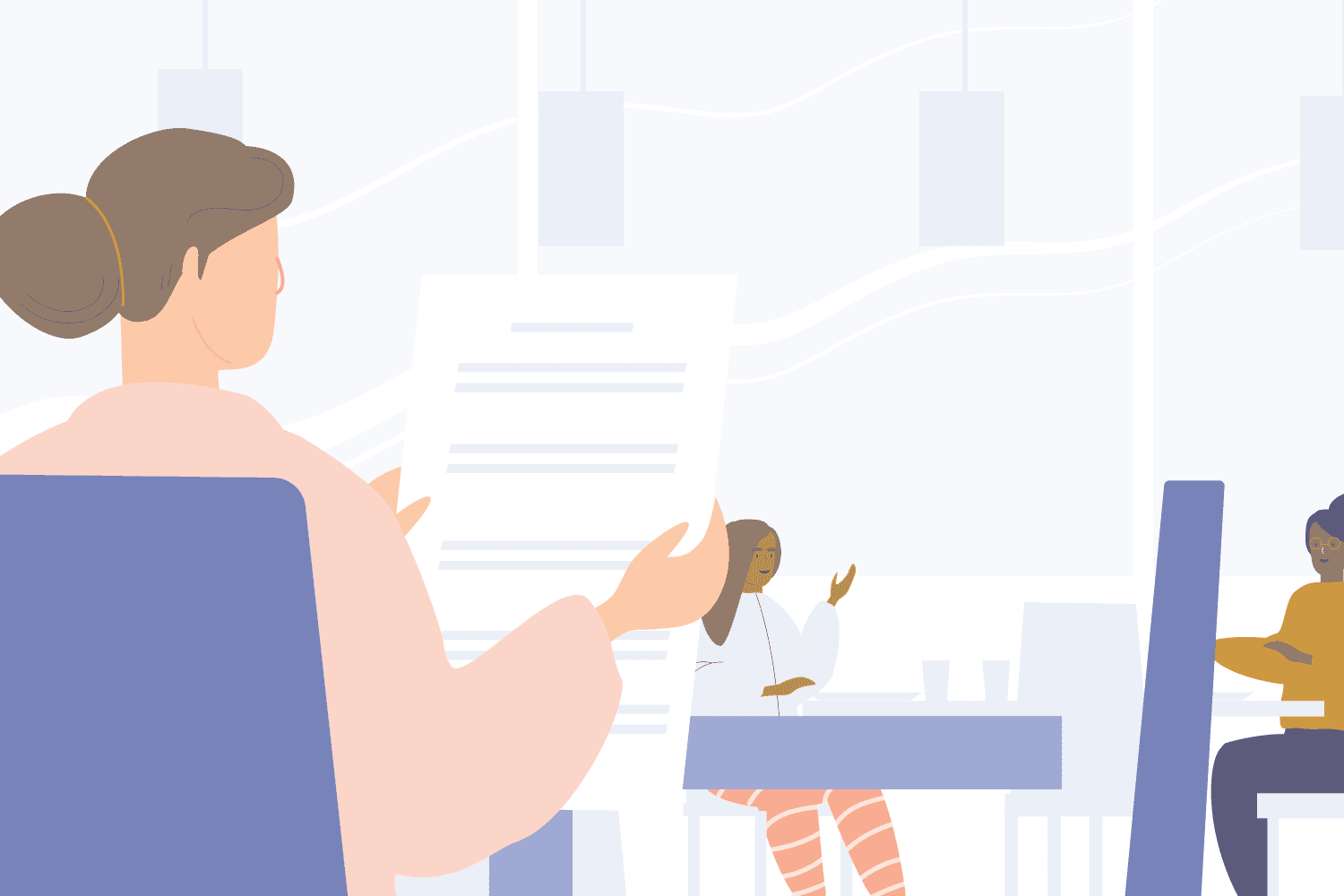 Woman reading document at meeting, others listening attentively.