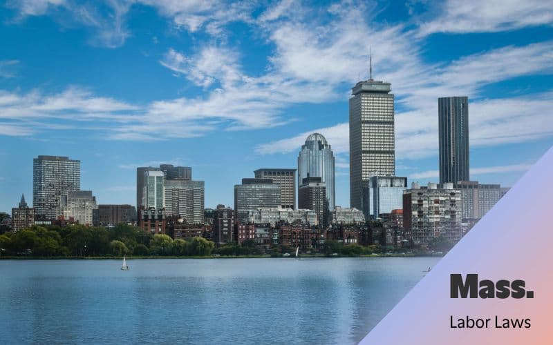 Massachusetts skyline with labor laws text overlay.