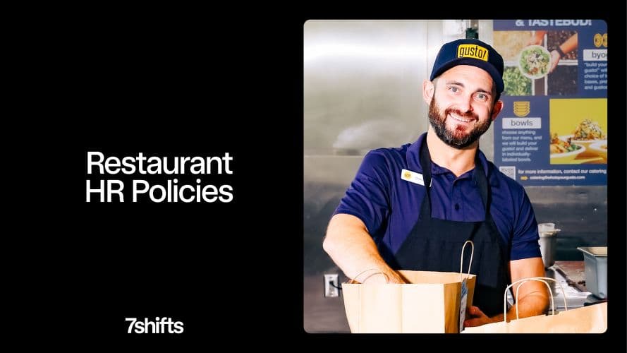 Smiling restaurant worker with HR policies text.
