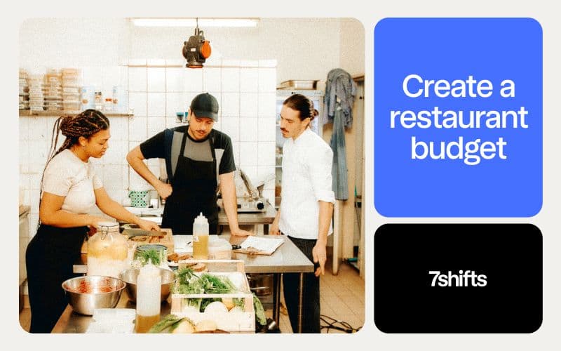 Team discussing restaurant budget in kitchen setting.