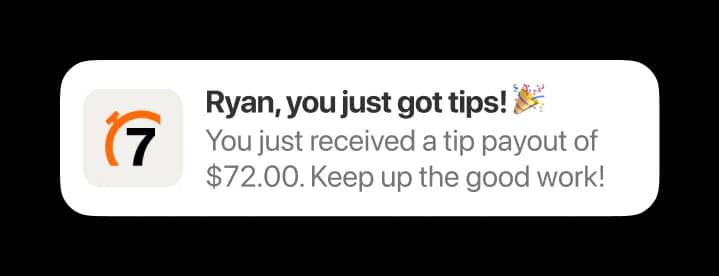 7shifts Tip Management notification informing staff member about their Tips