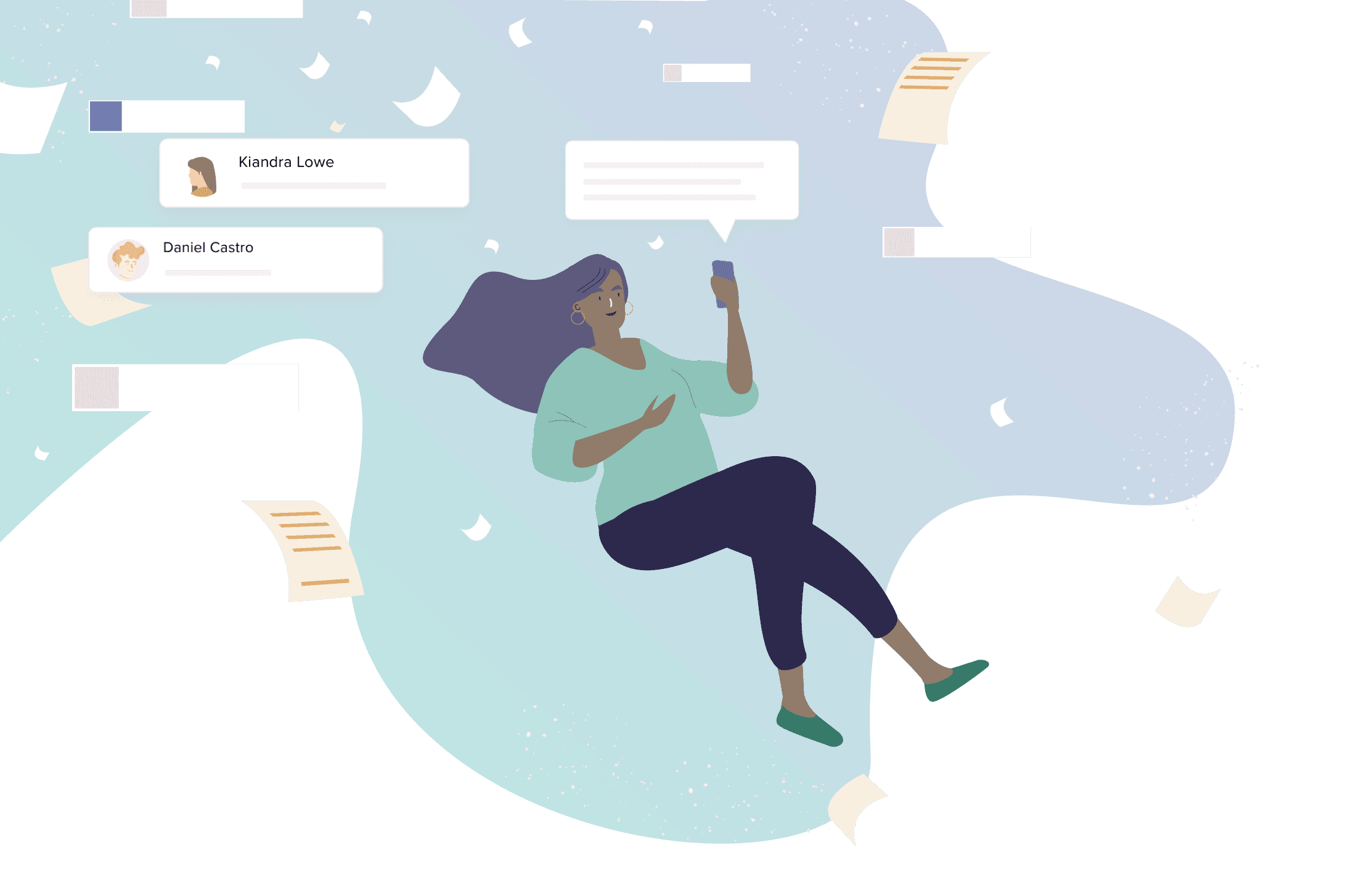 Person using phone with floating messages around