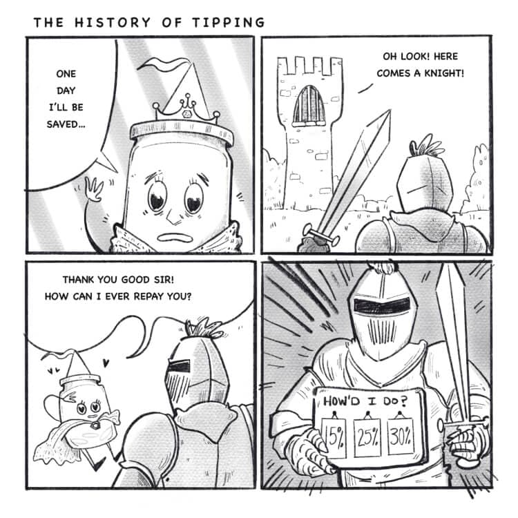 Cartoon: knight tipping history with humorous twist.