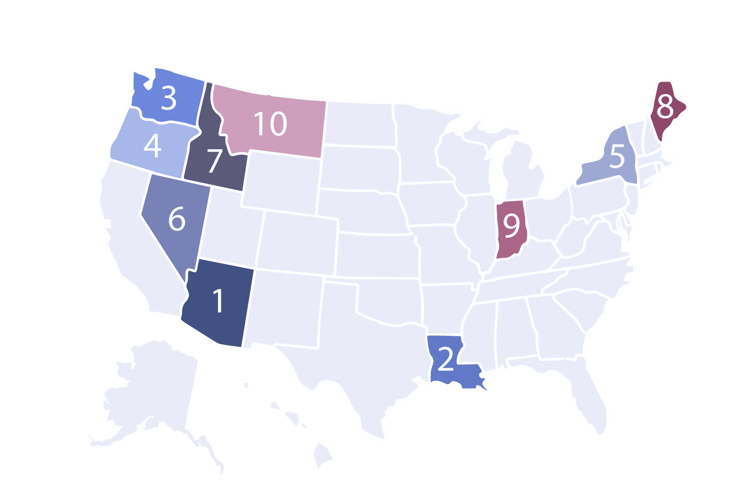 United States map with numbered colored states