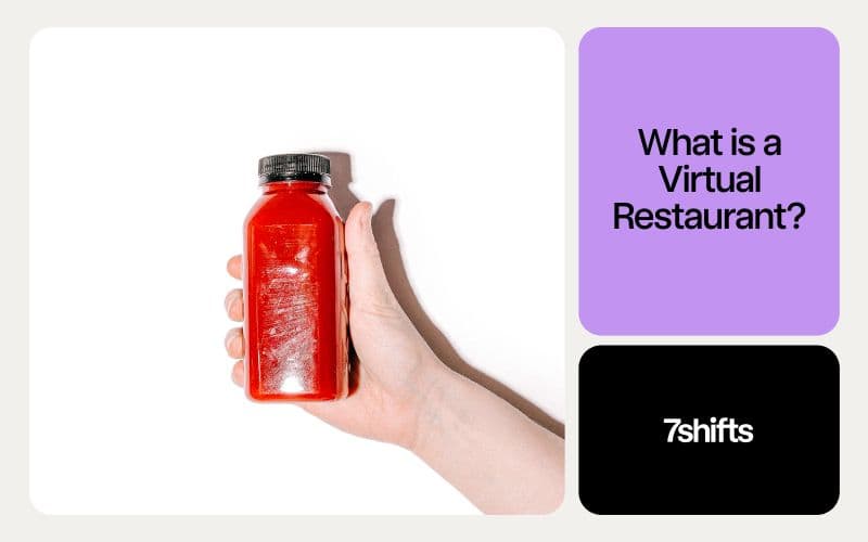 Hand holding red bottle with text about virtual restaurants.