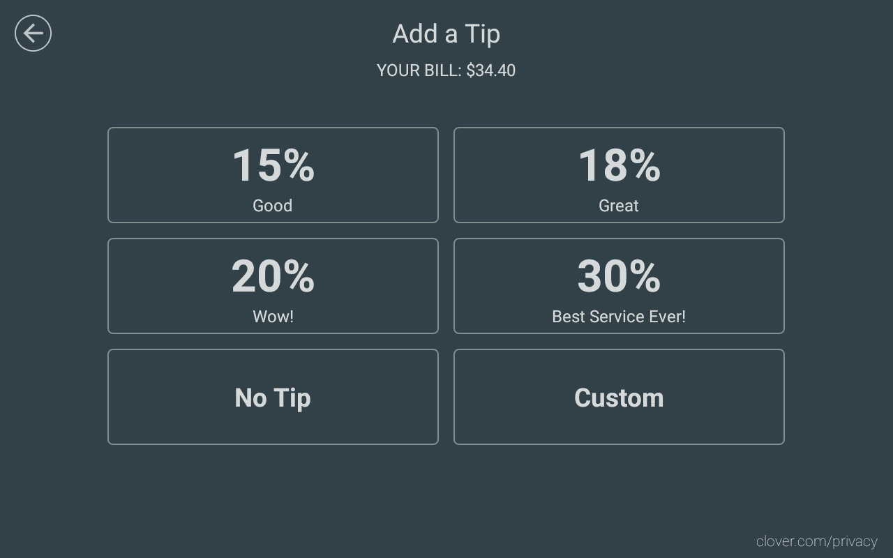 Choose tip percentage: 15%, 18%, 20%, 30% or custom.