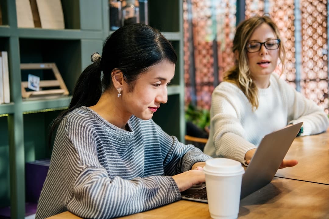 Two women working on laptops in a cafe.