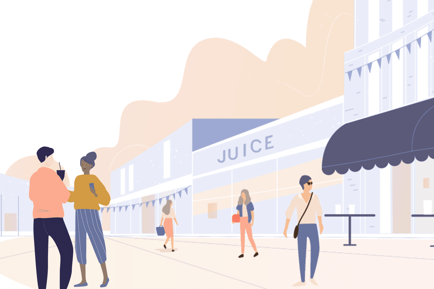 People walking in front of juice store.