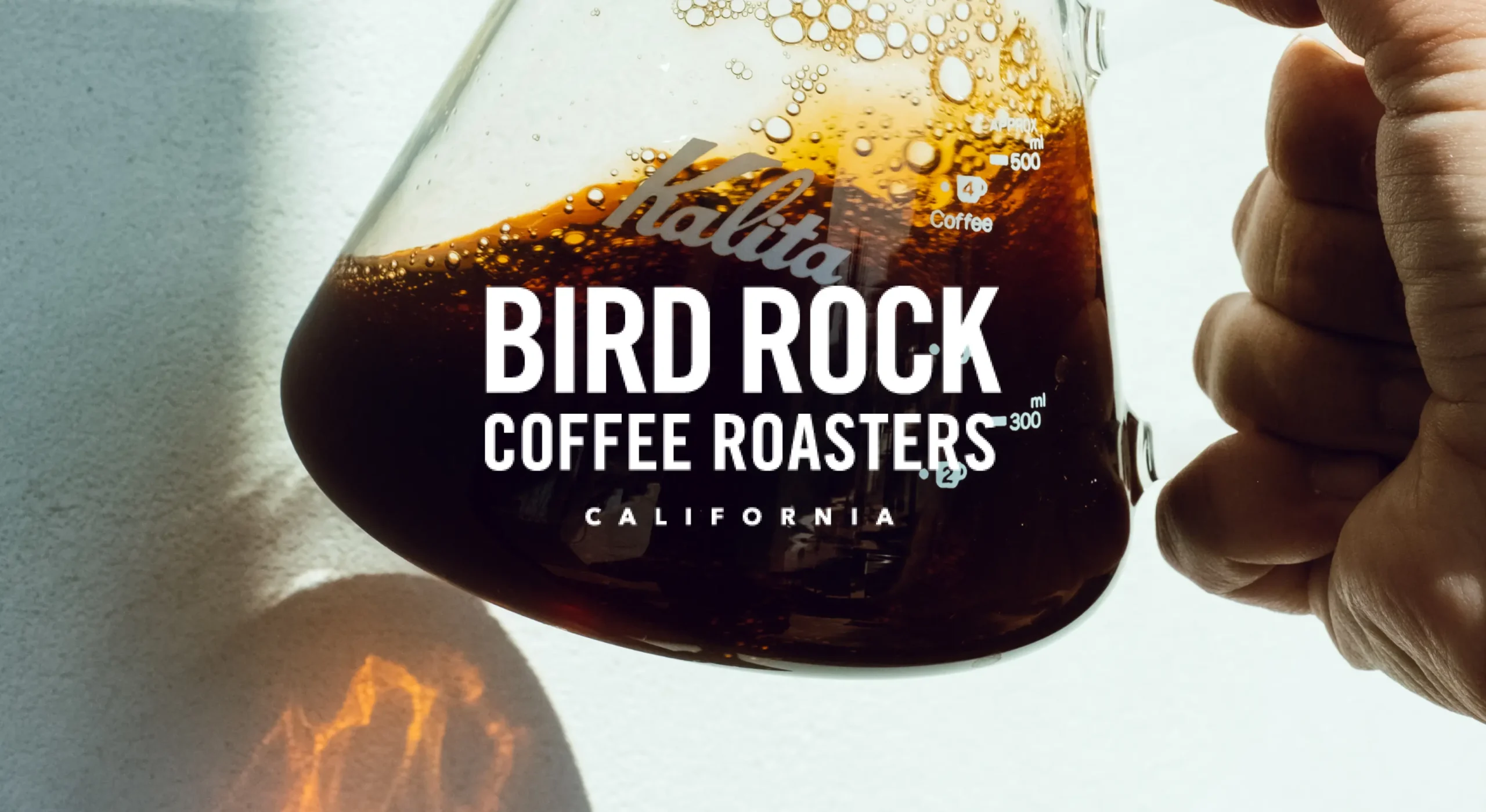 Someone holding a pot of coffee with Bird Rock logo overlaid on top