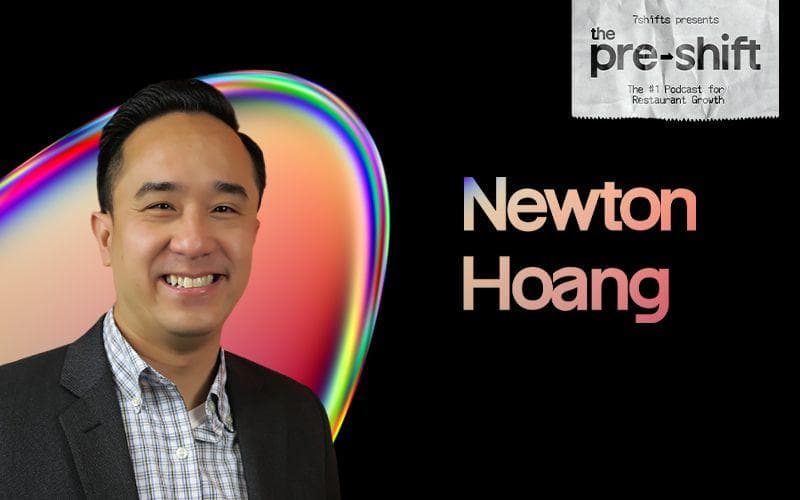 Podcast guest with rainbow gradient background.