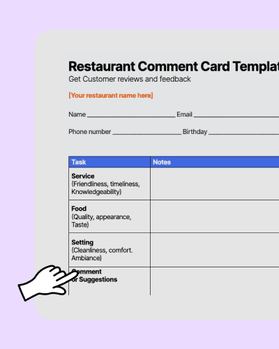 Screenshot of a restaurant comment card template