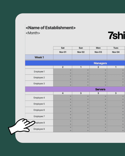 Screenshot of a monthly restaurant work schedule template