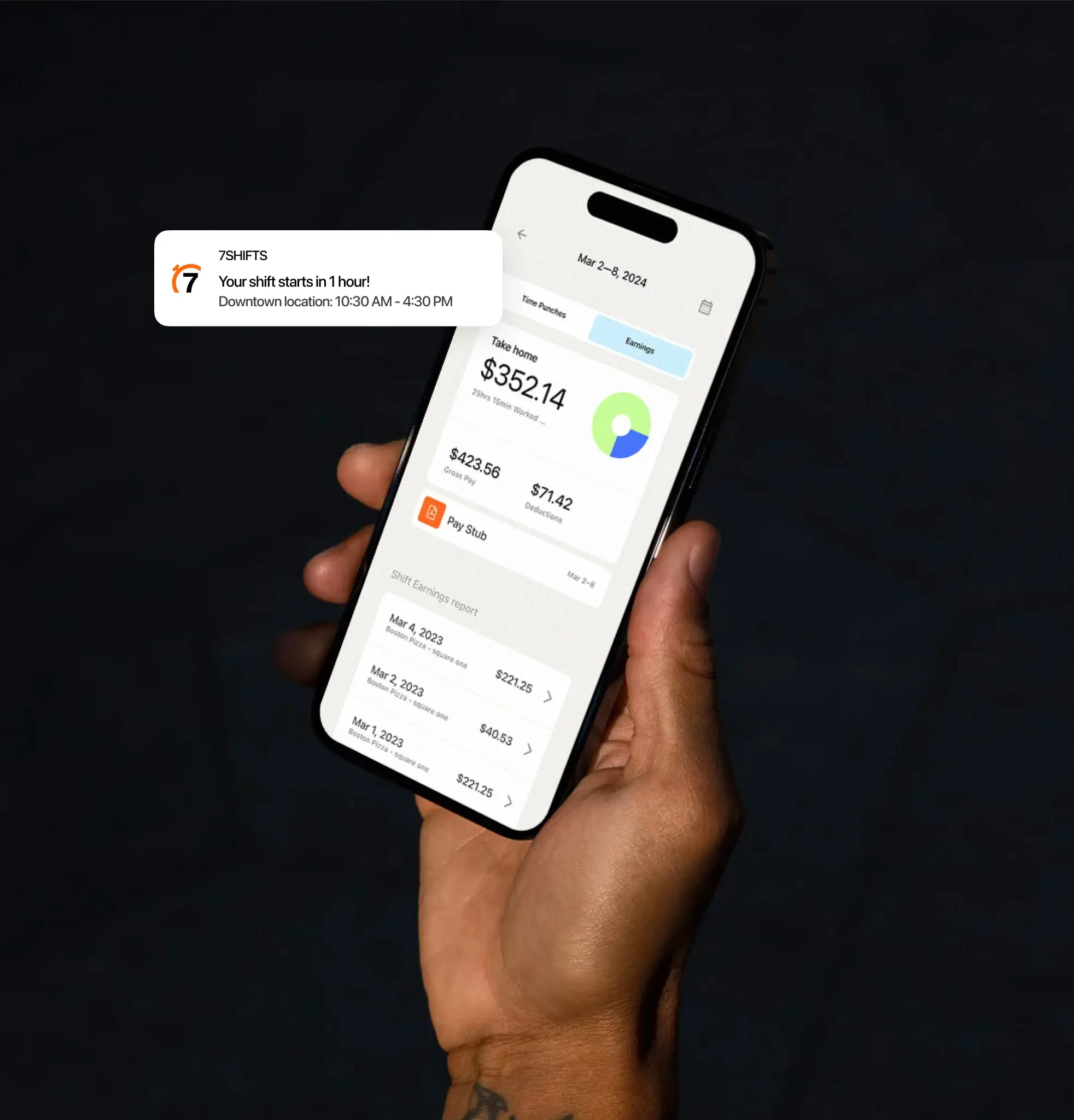 Hand holding phone with work schedule notification.