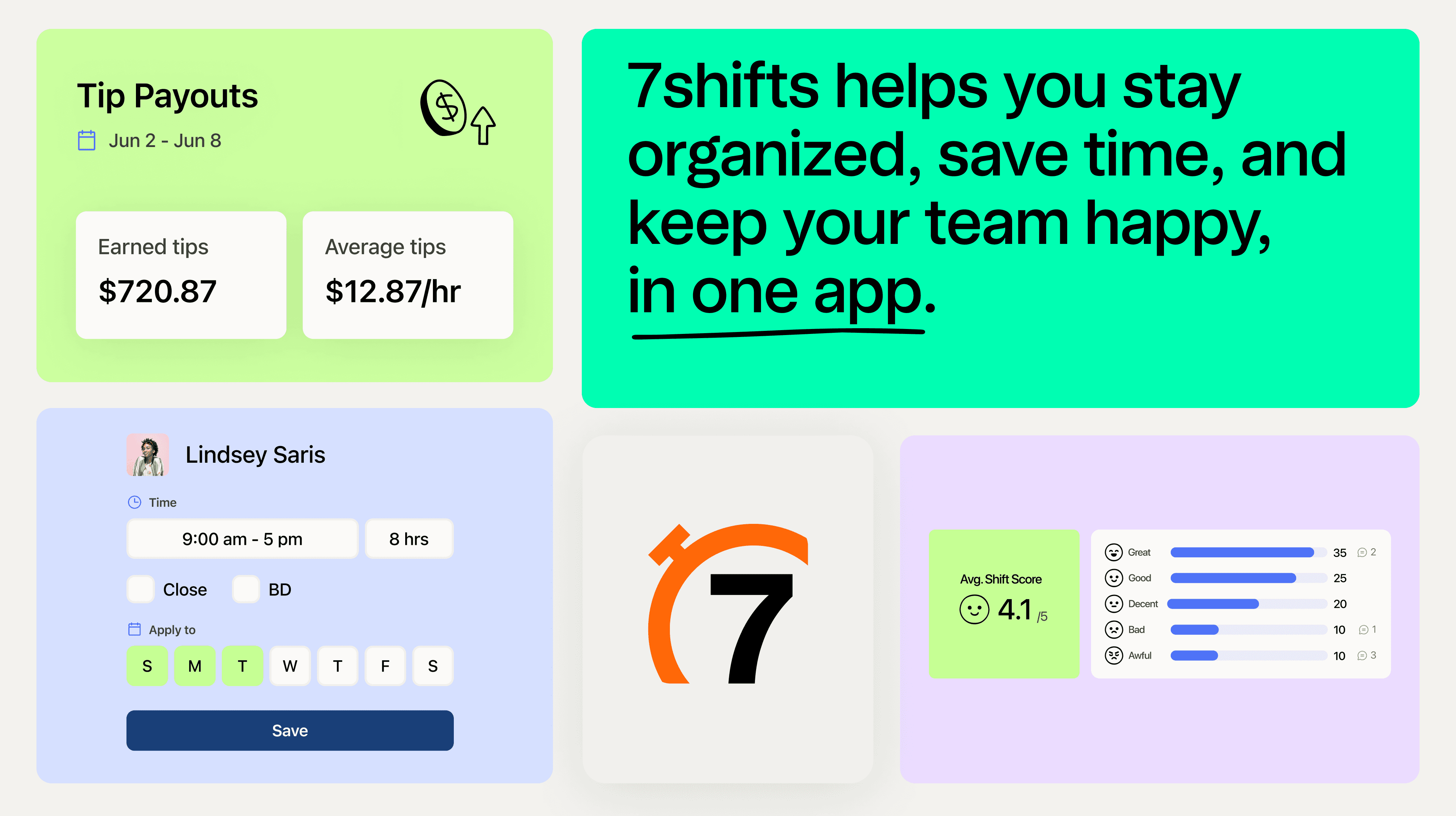 Image of 7shifts product mockups laid out in a playful grid