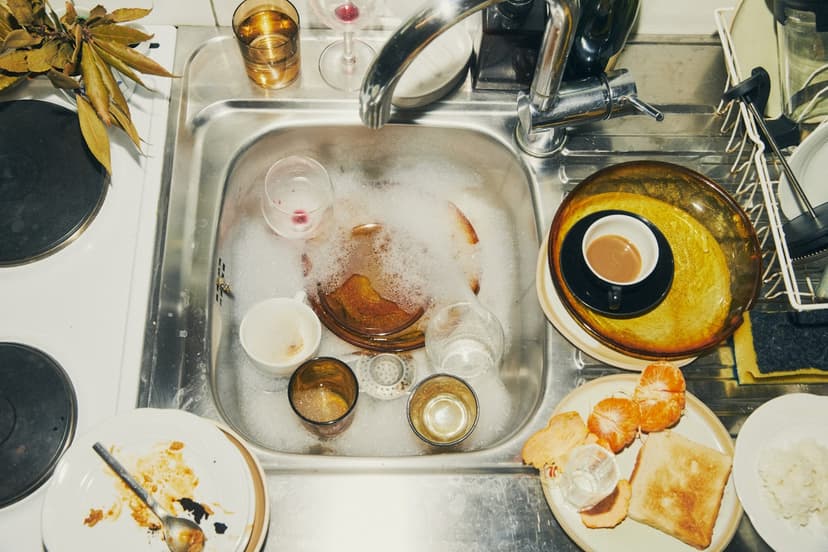Dirty dishes in kitchen sink with food scraps.