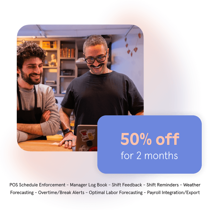 Two men smiling at laptop, 50% off offer.